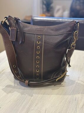 Coach Bleeker Dark Brown Pebbled Leather Messenger/Bucket Bag with Brass